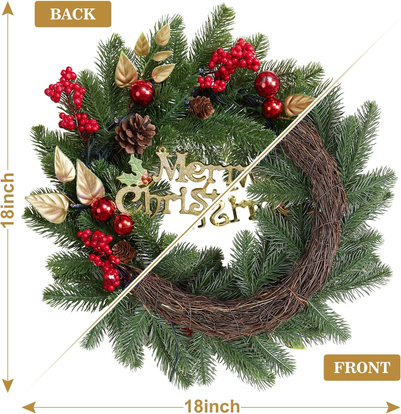 18 Inch Christmas Wreaths for Front Door, Lighted Outdoor Christmas Wreath with 40 LED Lights Timer Pine Cones for Window Fireplace Winter Xmas Decorations, Battery Operated