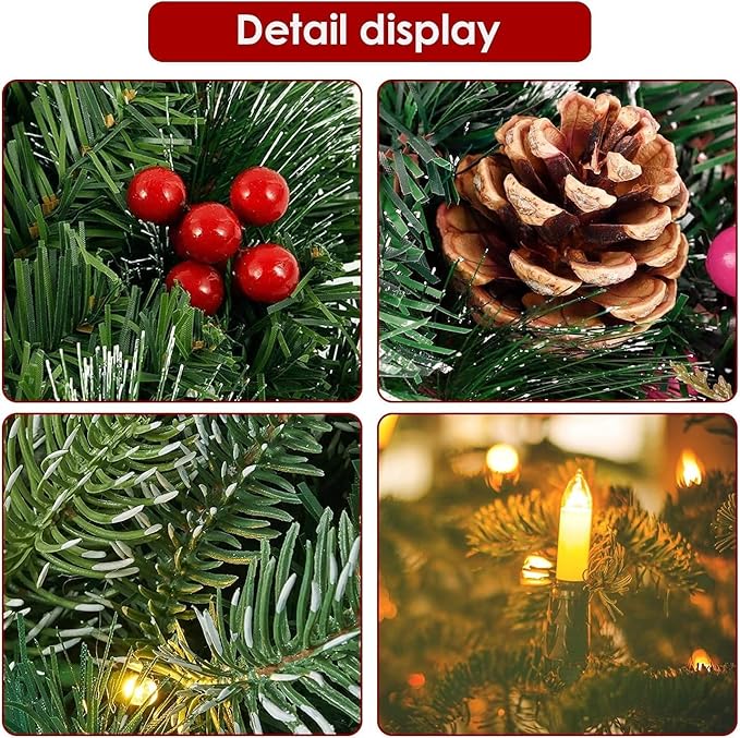 Christmas Wreath for Front Door, 18inch Pre-lit Artificial Xmas Wreath with Hook, 50 LED Lights&#x26;Timer for Door Window Wall Stairs Outdoor Decorations