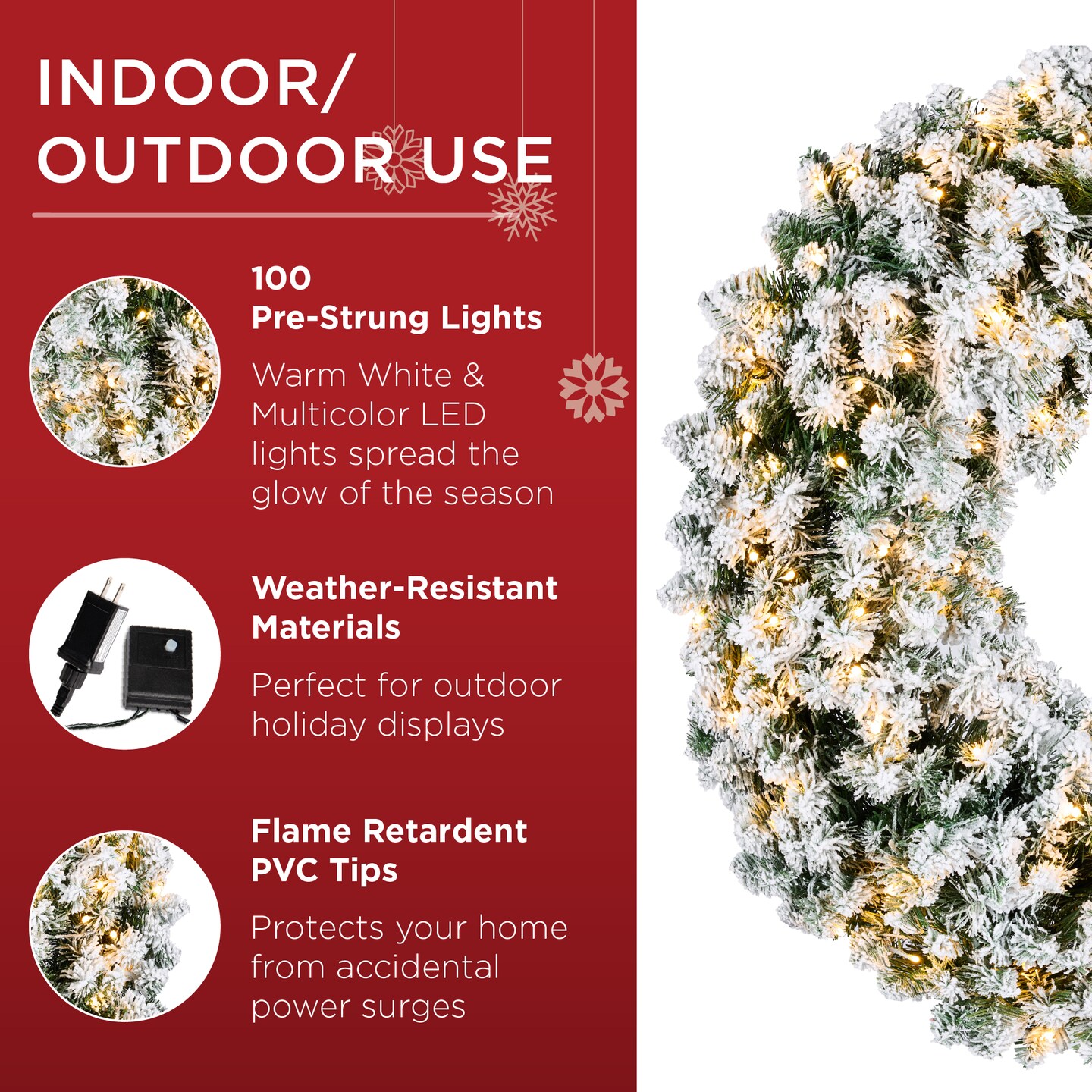 Best Choice Products Artificial Pre-Lit Flocked Fir Christmas Wreath Decoration w/ 2-in-1 LED Lights