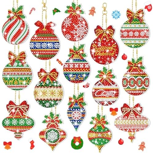 15 Pcs Christmas Balls Diamond Painting Keychains Christmas Diamond Art Ornaments Red Green Christmas Ornaments Christmas Diamond Painting Kits for DIY Crafts