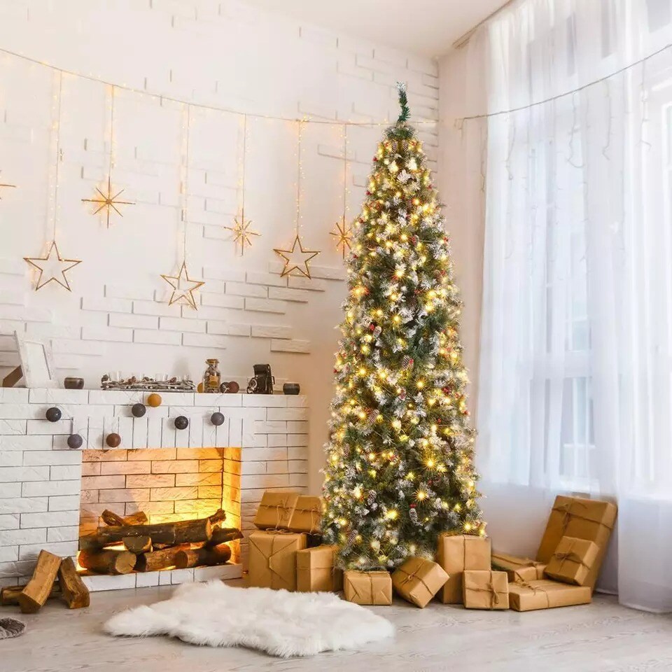 9Ft Pre-lit Artificial Pencil Christmas Tree Snow Flocked with 460 LED Lights