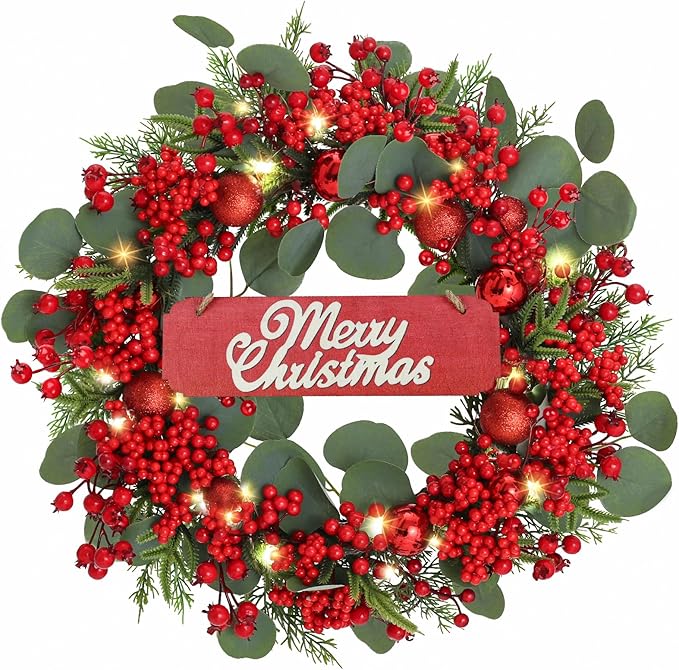 Christmas Wreath with Lights, 20inch Pre Lit Winter Wreath for Front Door, Artificial Door Wreaths with Berries Pine Needles 8 Lighting Modes Timer for Fireplace Window Farmhouse Xmas Decor
