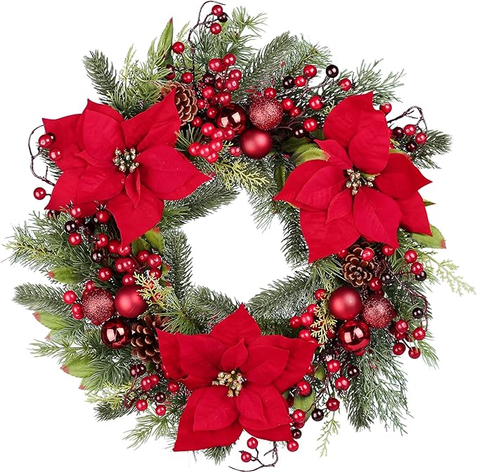 Christmas Wreath, Front Door Artificial Christmas Wreath Decorated with Holly Berries, Hawthorn Berries, for Indoor Outdoor Christmas Decoration 24 Inch