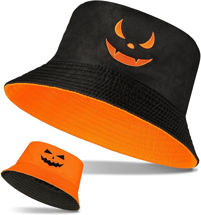 Halloween Bucket Hat for Women Pumpkin Fisherman Hat Cotton Lightweight Print Accessories for Sun Cute Men Fishing Cap Adult for Unisex Travel Orange, Black