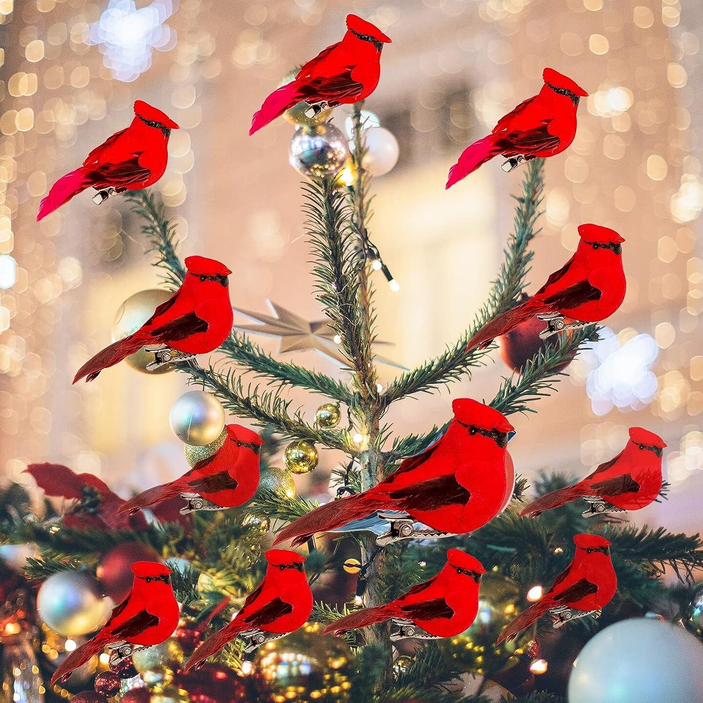 -Cardinal Clip on Christmas Tree Ornament Decorations - Red Feathers Set of 12 Pieces Each Is 2.8&#x22; Lon(A)