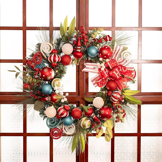 24 Inch Pre-Lit Christmas Wreath for Front Door with Lights, Large Lighted Christmas Wreath with Elf Red Green Xmas Balls for Fireplace Window Outdoor Table Centerpiece Home Decoration