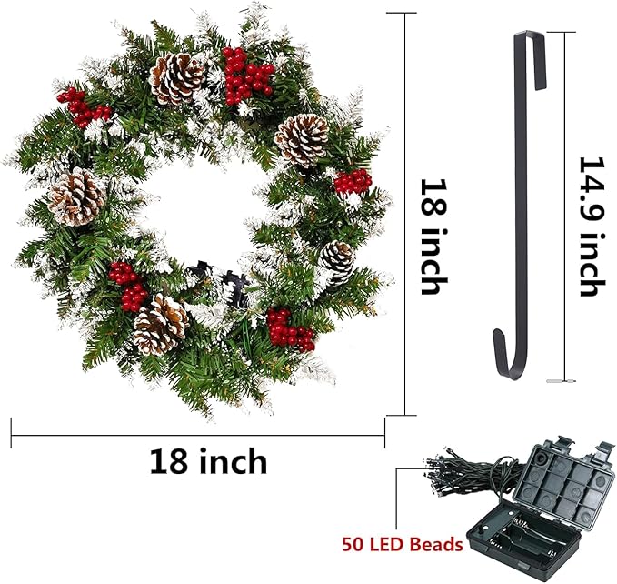 Christmas Wreath for Front Door, 18inch Pre-lit Artificial Xmas Wreath with Hook, 50 LED Lights&#x26;Timer for Door Window Wall Stairs Outdoor Decorations