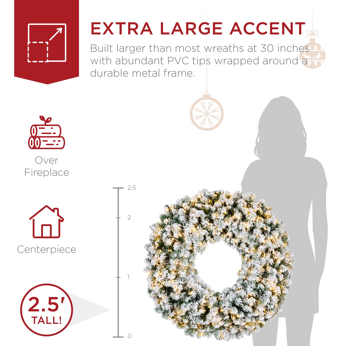 Best Choice Products Artificial Pre-Lit Flocked Fir Christmas Wreath Decoration w/ 2-in-1 LED Lights