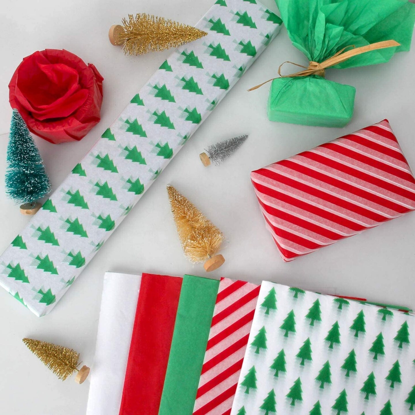 Christmas Tissue Paper Gift Wrapping Paper, 120 Sheets, 13.5&#x22; X 19.5&#x22;, White, Red, Green, Red Stripe, Christmas Trees Design