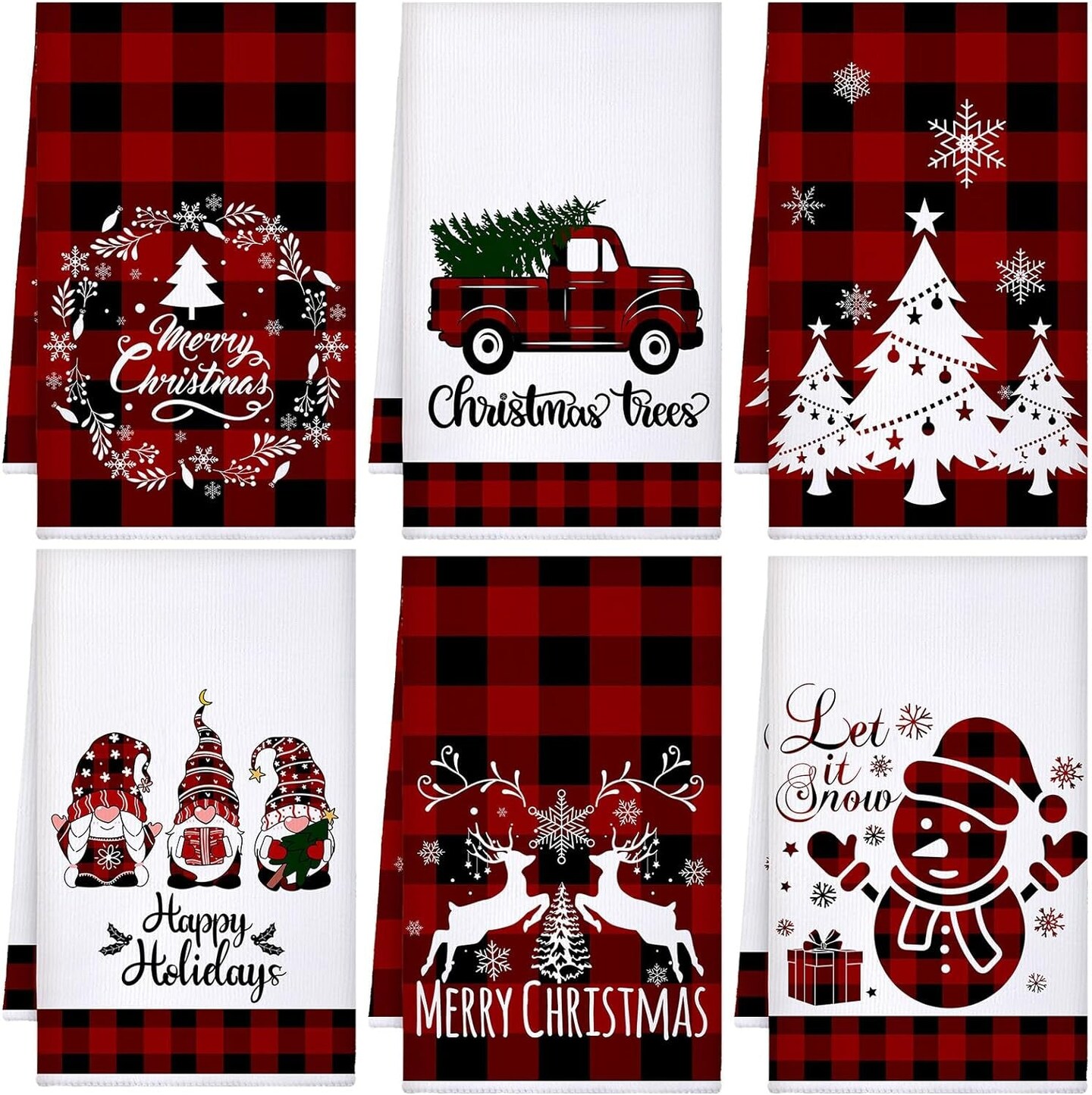 6 Pcs Christmas Kitchen Towels Buffalo Check Plaid Dish Towels Winter Truck Hand Towels Farmhouse Tea Towels Housewarming Gifts Christmas Decoration for Kitchen Holiday Xmas (Red, Black)