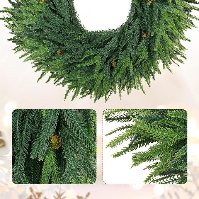 24inch Christmas Wreath 2 Pack, Norfolk Pine Wreath for Front Door, 24 Inch Xmas Village Wreath Holiday Decor Christmas Decorations for Home Wall Window Indoor Outdoor Outside Winter