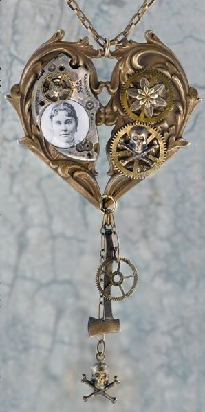 Antiqued Brass Floral Filigree Victorian Heart Pendant - AB-P02