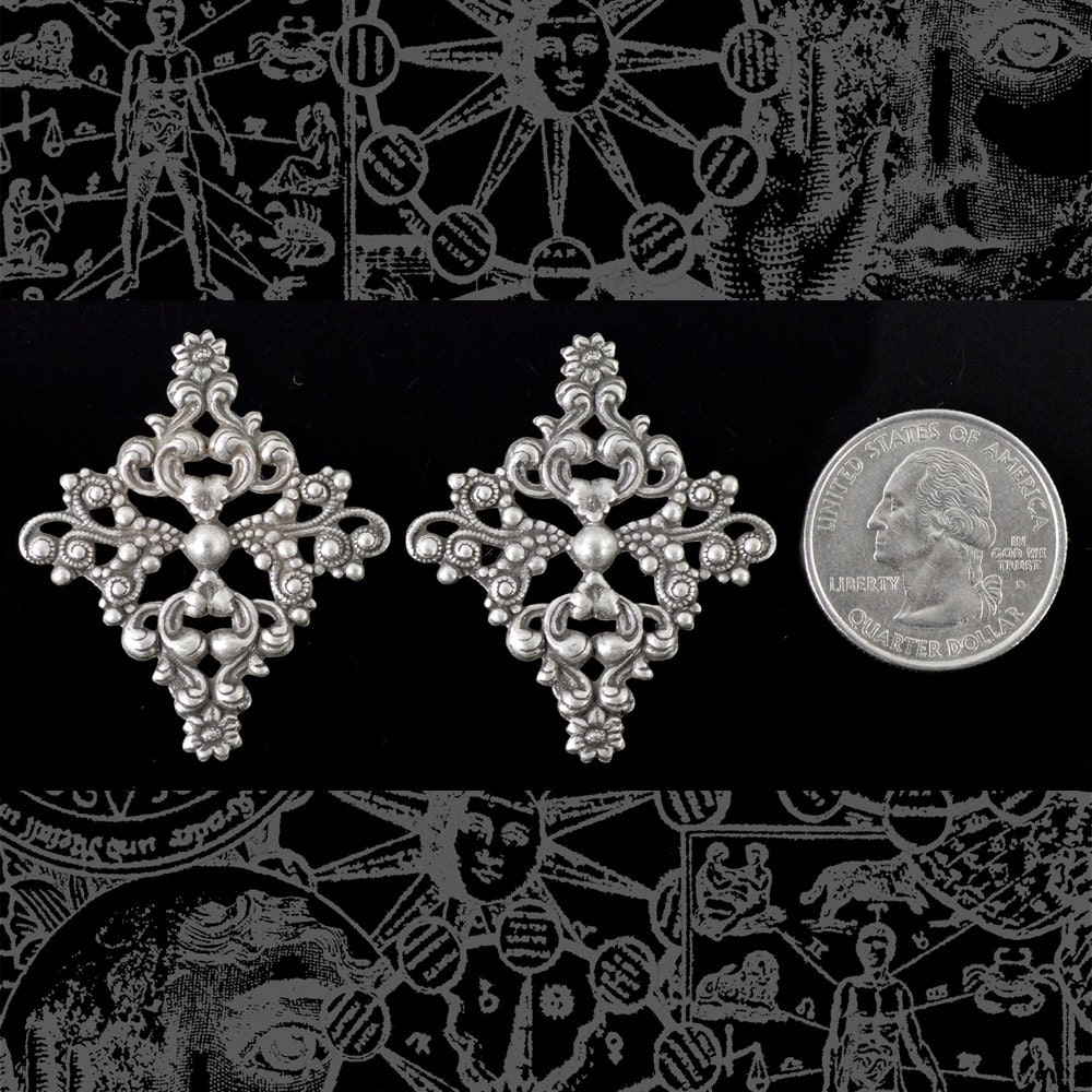 Antiqued Silver Plated Brass Large Floral Ornate Diamond Filigrees for Cameo Setting - Set of Two - S-W30