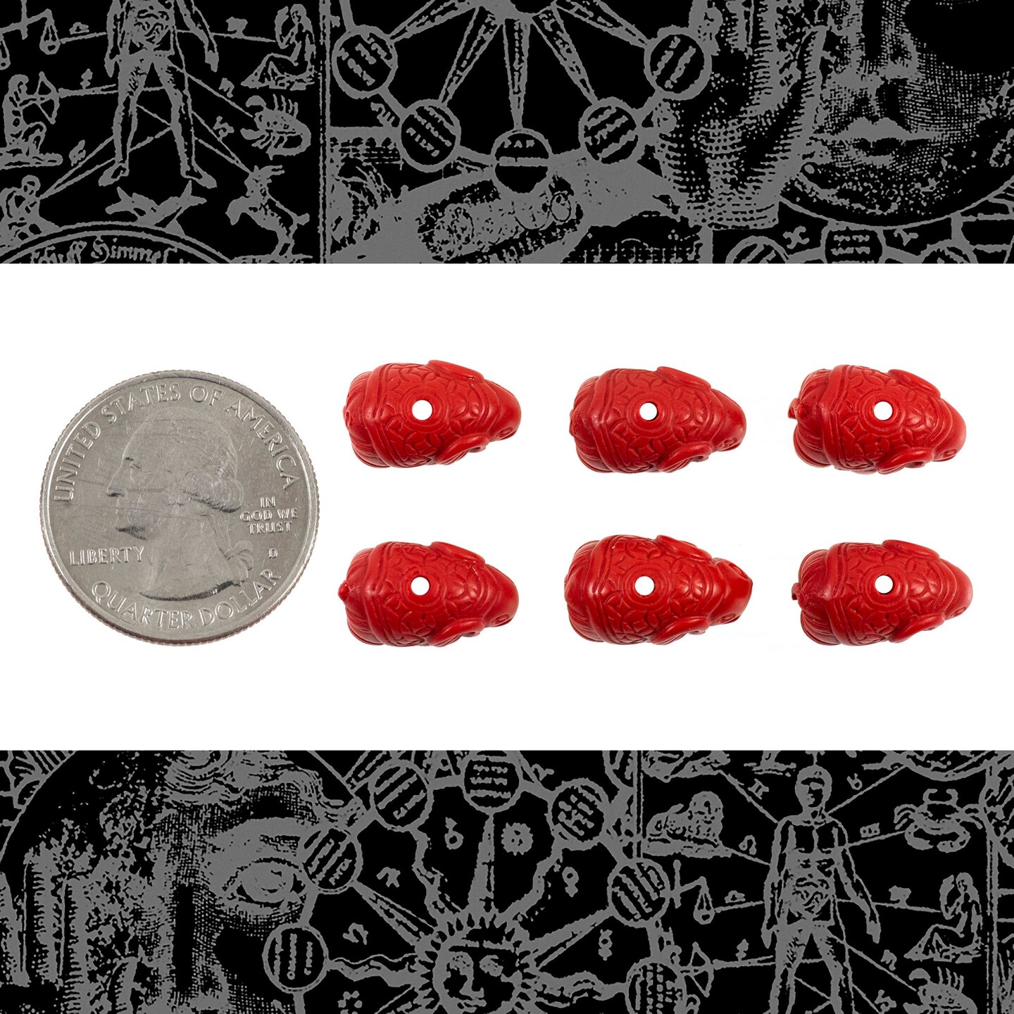 Red Carved Cinnabar Elephant Beads - Set of Six - XXX - Bead-B75
