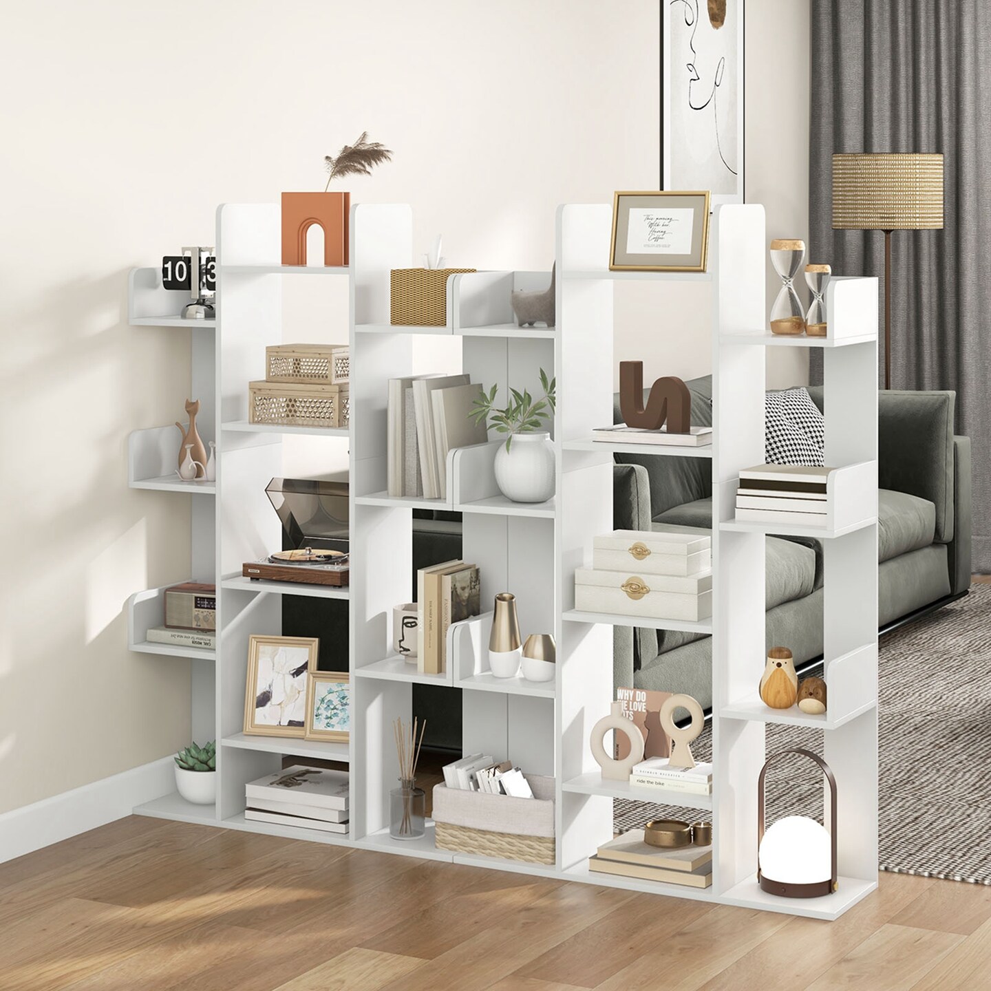 Costway 1/2 PCS Bookshelf Tree-Shaped Bookcase with 13 Storage Shelf Rustic Industrial Style White/Coffee