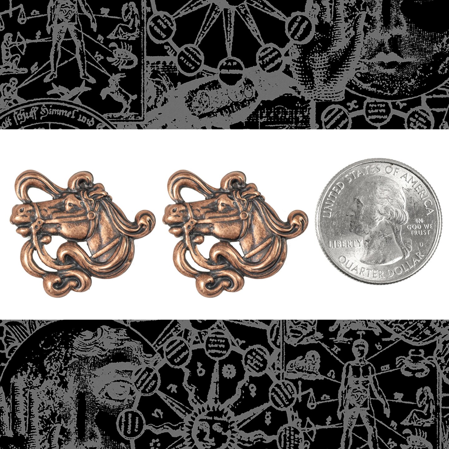 Antiqued Copper Plated Brass Horse Head with Flying Mane Pendants - Set of Two - C-P116