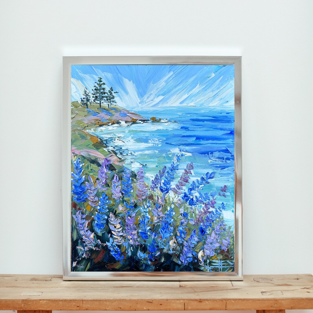 Print of California the California Coast with Wildflowers and the Pacific Ocean