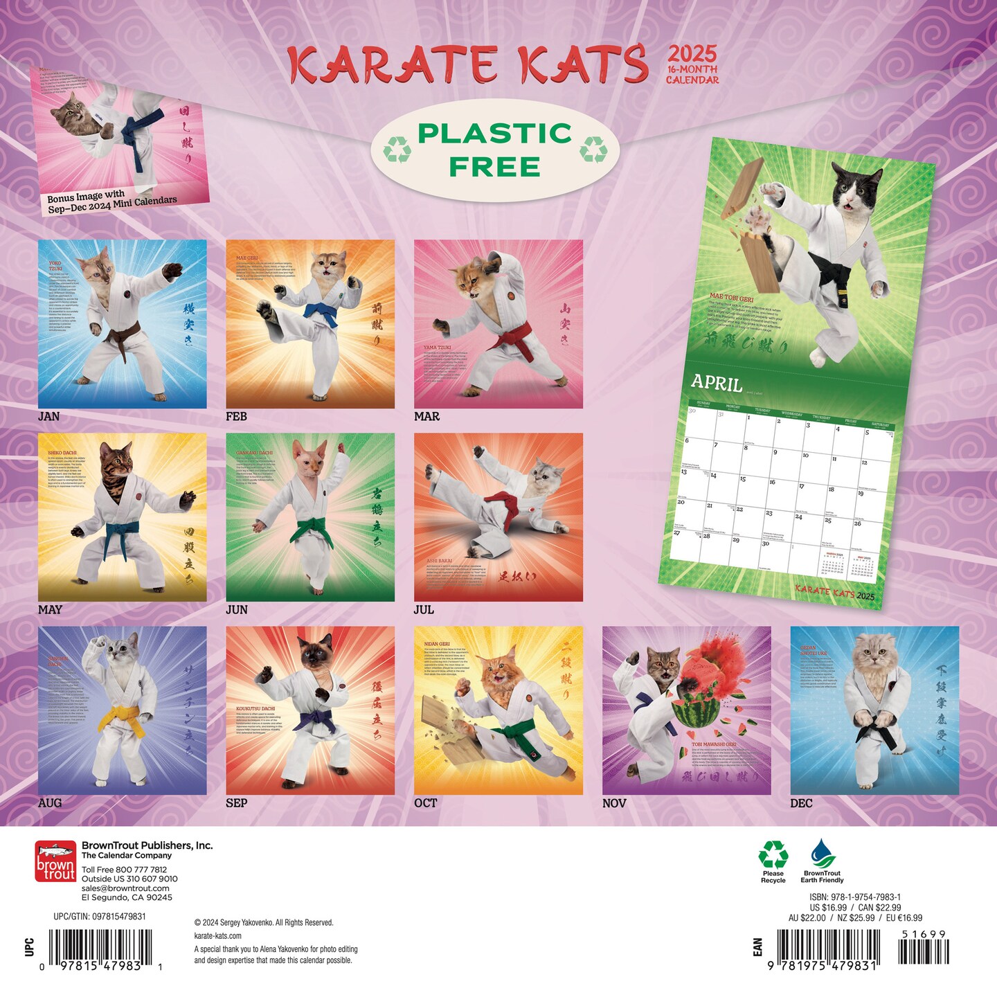 Karate Cats OFFICIAL | 2025 12 x 24 Inch Monthly Square Wall Calendar | Plastic-Free | BrownTrout | Pets Funny Animals Feline