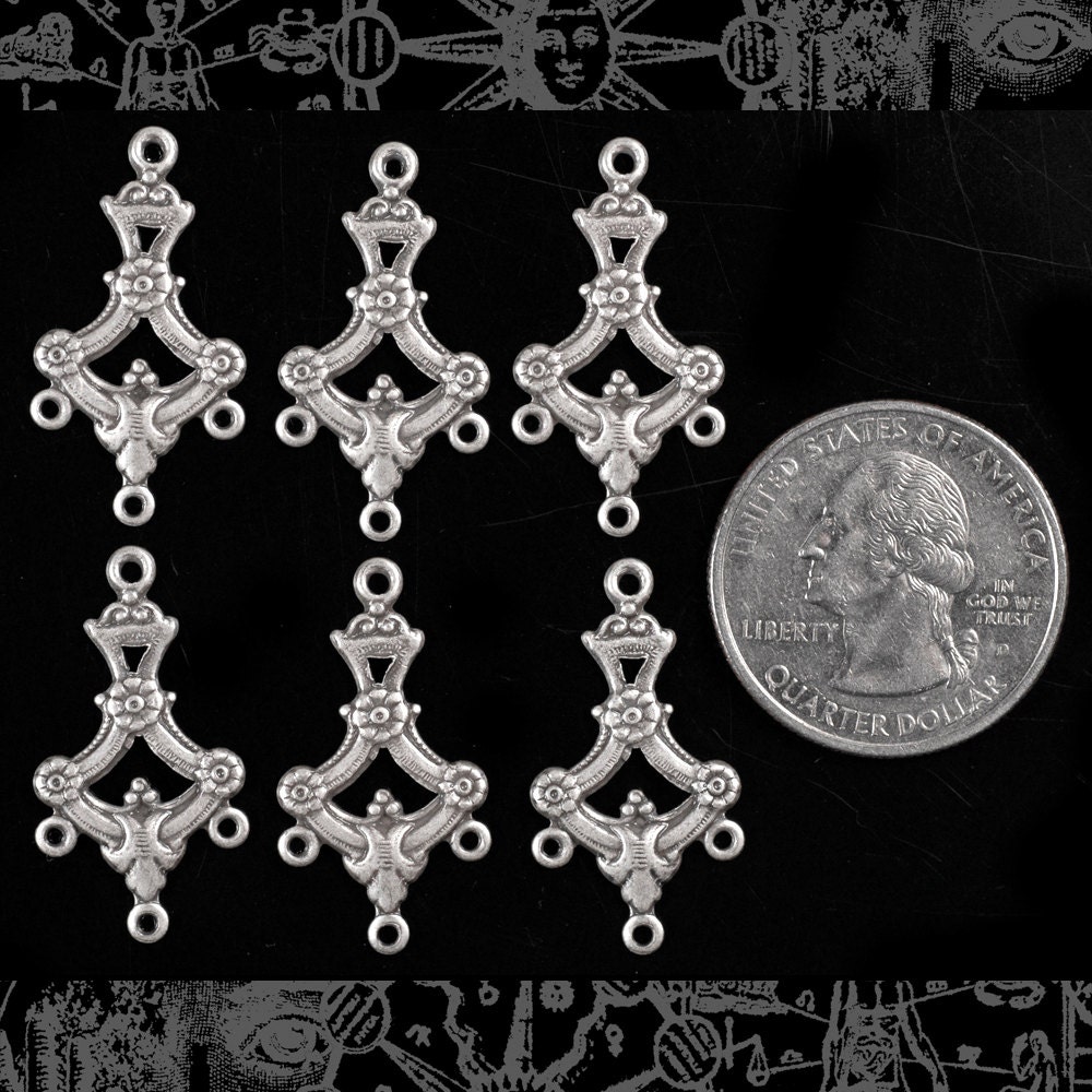 Ornate Floral Branch Four Way Connectors in Antiqued Silver Plated Brass - Set of Six - S-4C08