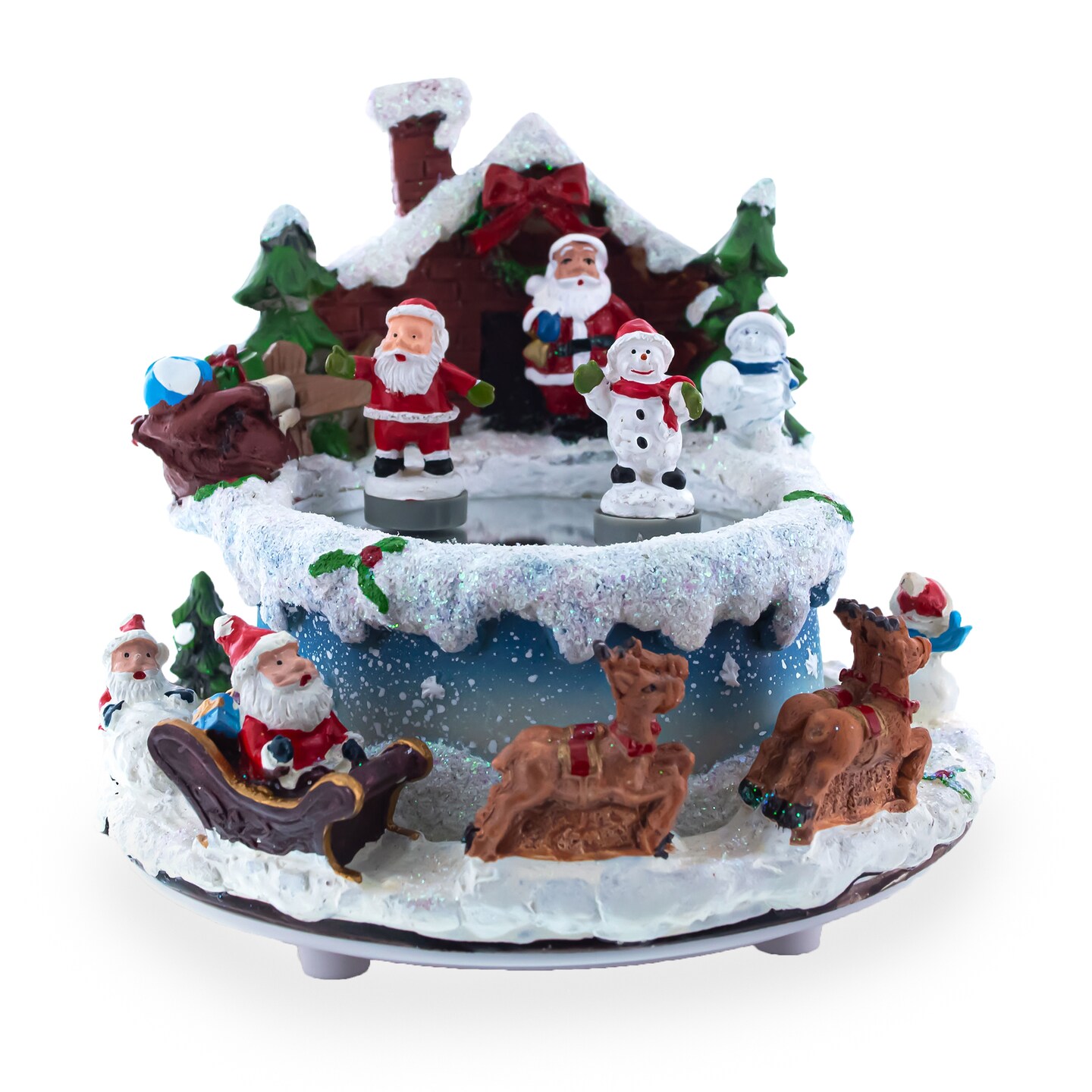Frosty Skating Spectacle: Animated Musical Figurine with Santa and Snowman Dancing on Ice Rink