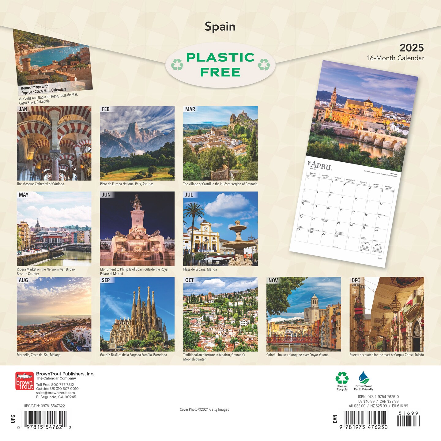 Spain | 2025 12 x 24 Inch Monthly Square Wall Calendar | Plastic-Free | BrownTrout | Travel Europe Madrid Barcelona