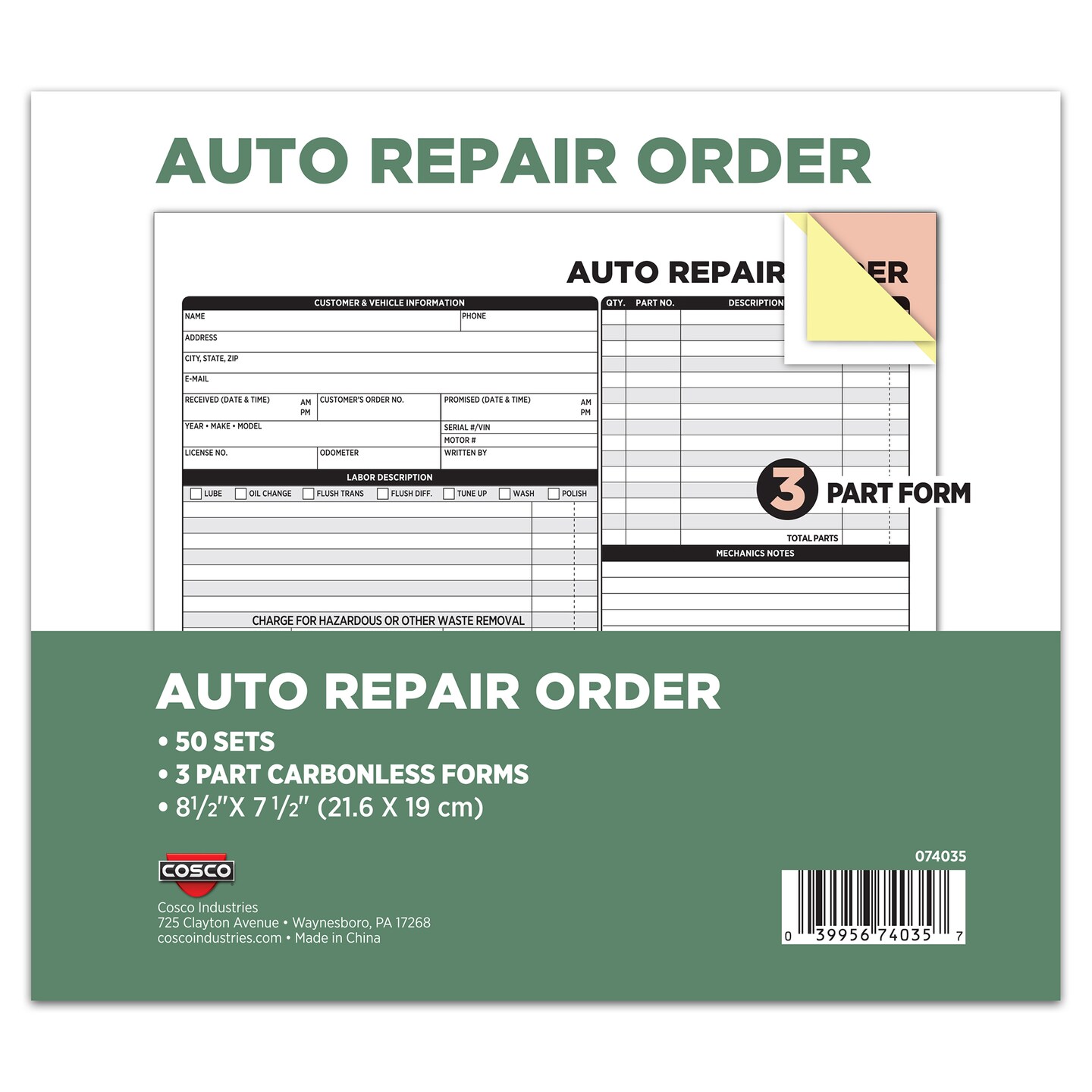 COSCO Auto Repair Order Forms, 3-Part, Carbonless, 50-Pack, White and Canary