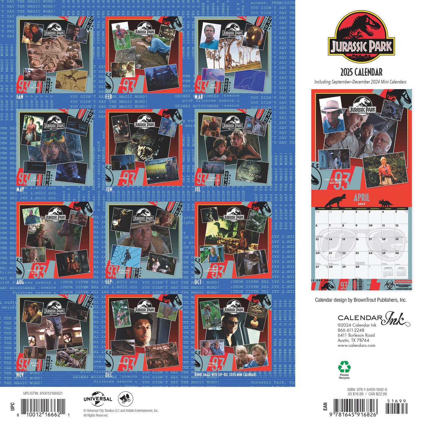 Jurassic Park OFFICIAL | 2025 12 x 24 Inch Monthly Square Wall Calendar | Cal Ink | Television Films Movies