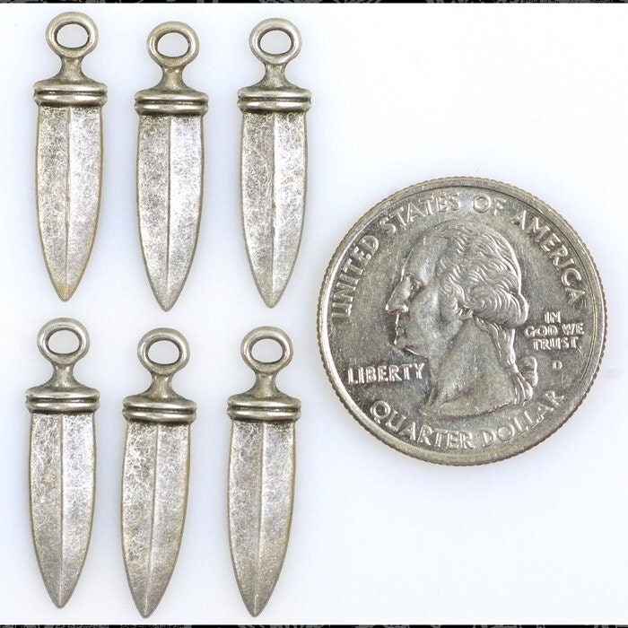 Antiqued Silver Plated Brass Dagger Drop Charms - Set of Six - S-C86
