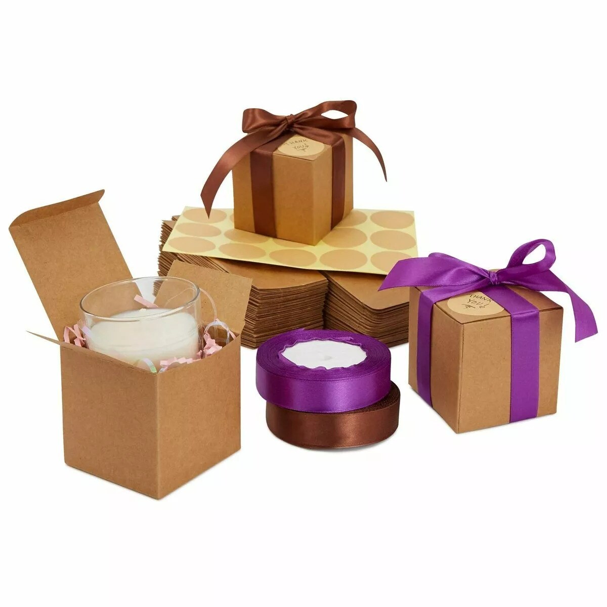 50 Pack Kraft Brown Paper Gift Boxes, Bulk Set with Ribbon and Stickers, 3x3x3"