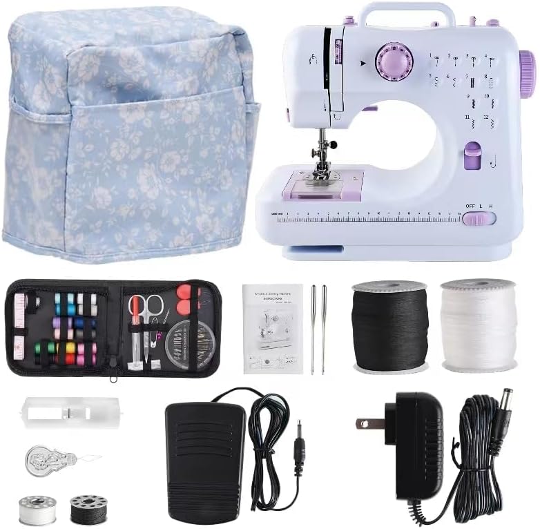Portable Sewing Machines with 12 Built-in Stitch Patterns, Light, 2 Speed Foot Pedal - Purple &#x26; White (with 27 Pieces Accessory Kit &#x26; Case)