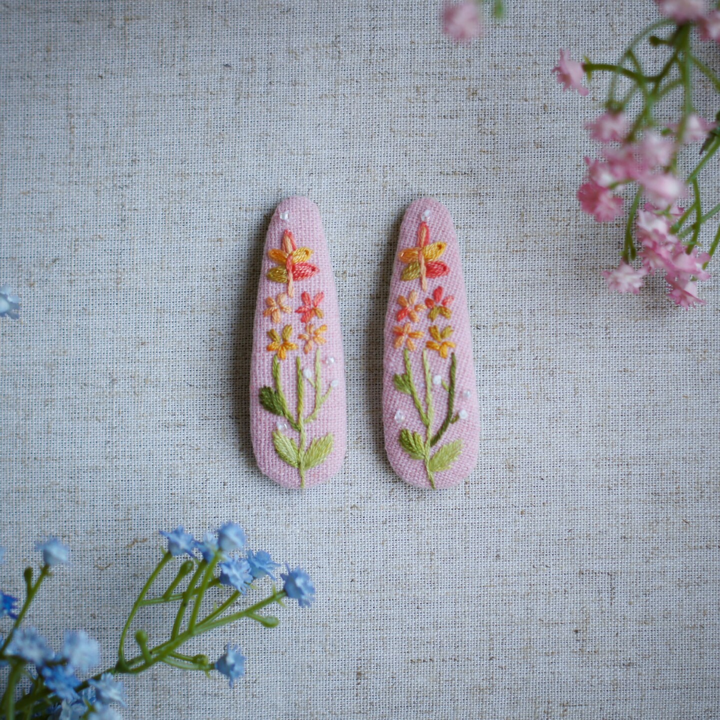 Pink Linen Hair Clips with Delicate Floral Embroidery, Hand  display picture 2