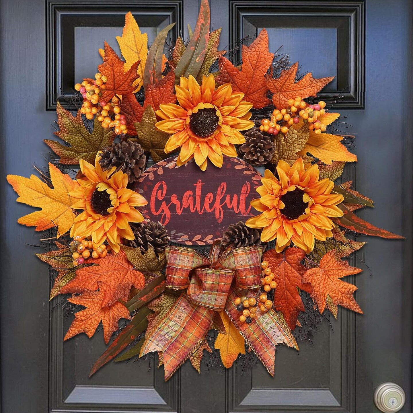 20 inch Autumn Sunflower Wreath, Harvest Decor for Farmhouse Outdoor Porch,Thanksgiving Wall Decorations for Home,Fall Indoor Decor with Fall Leaf,Sunflower