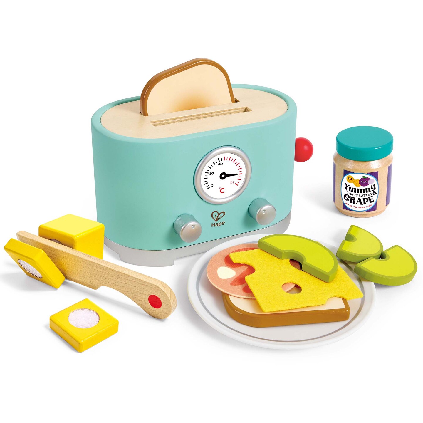 Hape: Ding &#x26; Pop-Up Toaster - 15pc Teal Wooden Food Playset, Sound &#x26; Action Kitchen Appliance Toy, Sandwich Food Accessories, Toddlers &#x26; Kids Ages 2+