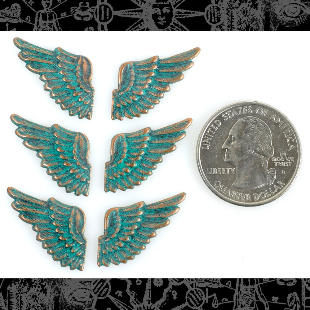 Verdigris Finished Brass Mini Wing Charms Three Sets of Two - V-C31