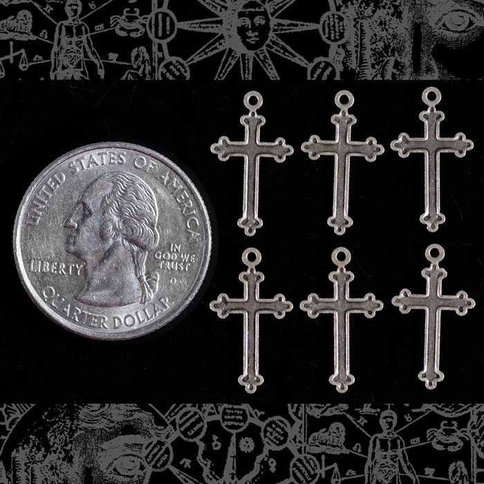Antiqued Silver Plated Brass Delicate Christian Cross Charms - Set of Six - S-C83