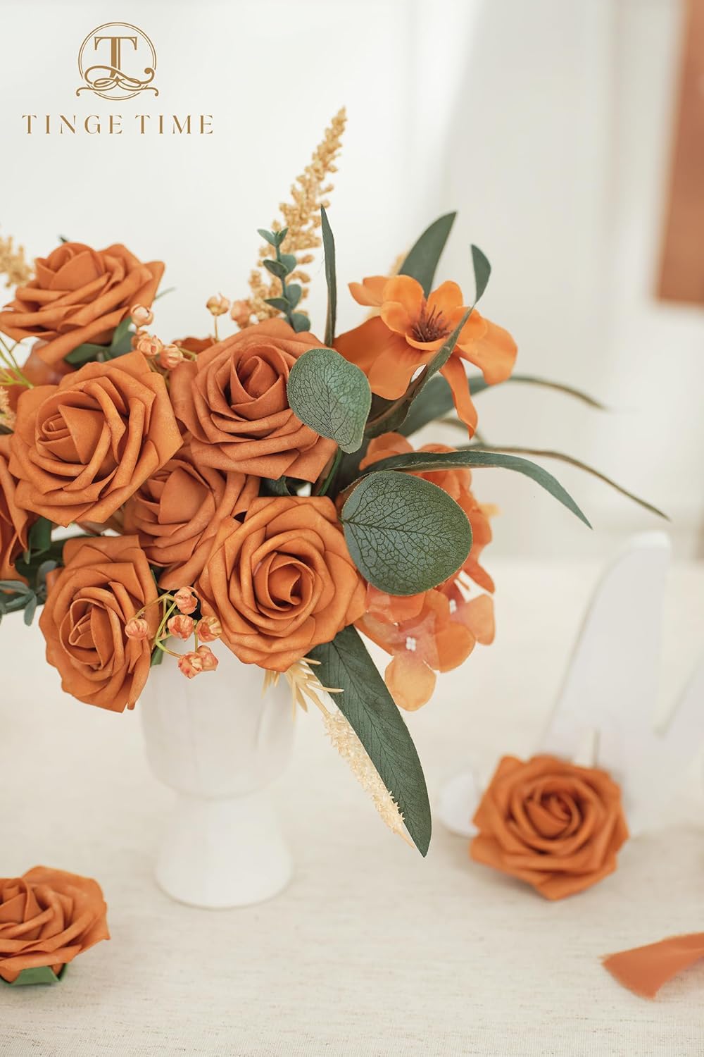 25PCS Burnt Orange Artificial Rose Flowers Faux Burnt Orange Flowers for Floral Arrangements
