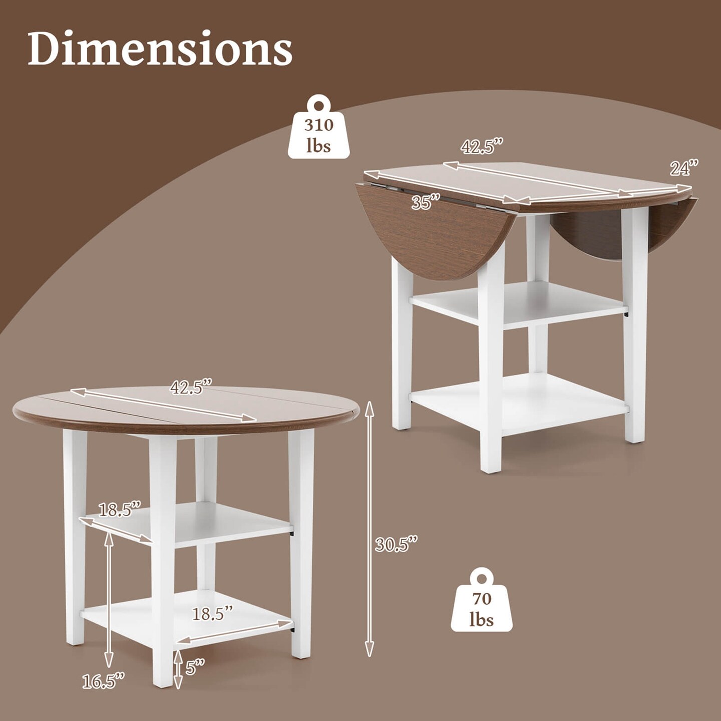 Costway 42.5&#x22; Drop Leaf Kitchen Table with Storage Shelves Expandable Dining Room Table