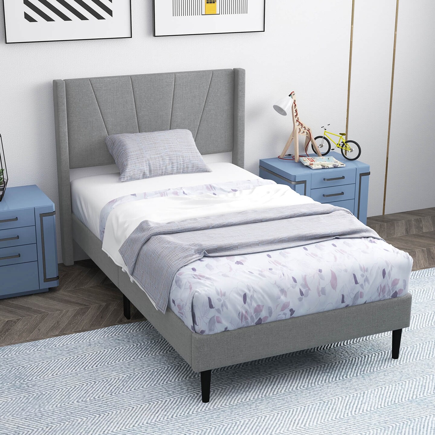 Costway Queen/Twin Bed Frame Modern Platform Bed with Linen Upholstered Wingback Headboard