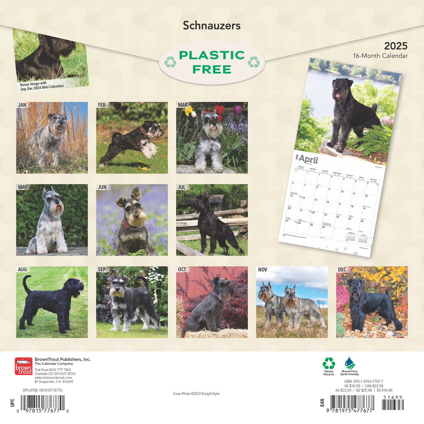Schnauzers | 2025 12 x 24 Inch Monthly Square Wall Calendar | Plastic-Free | BrownTrout | Animals Dog Breeds