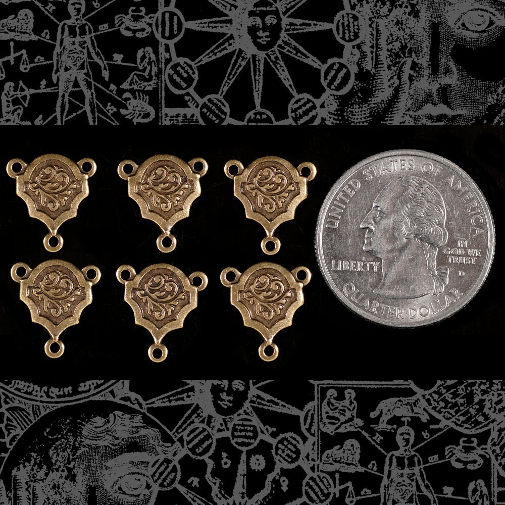 Antiqued Brass Art Deco Etched Shield Three Way Connectors - Set of Six - AB-3C21