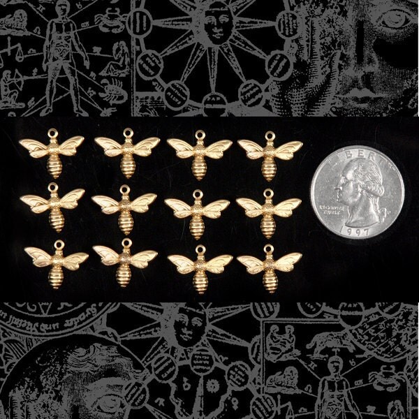 Raw Brass Tiny Bee or Fly Charms - Set of Twelve - B-C41
