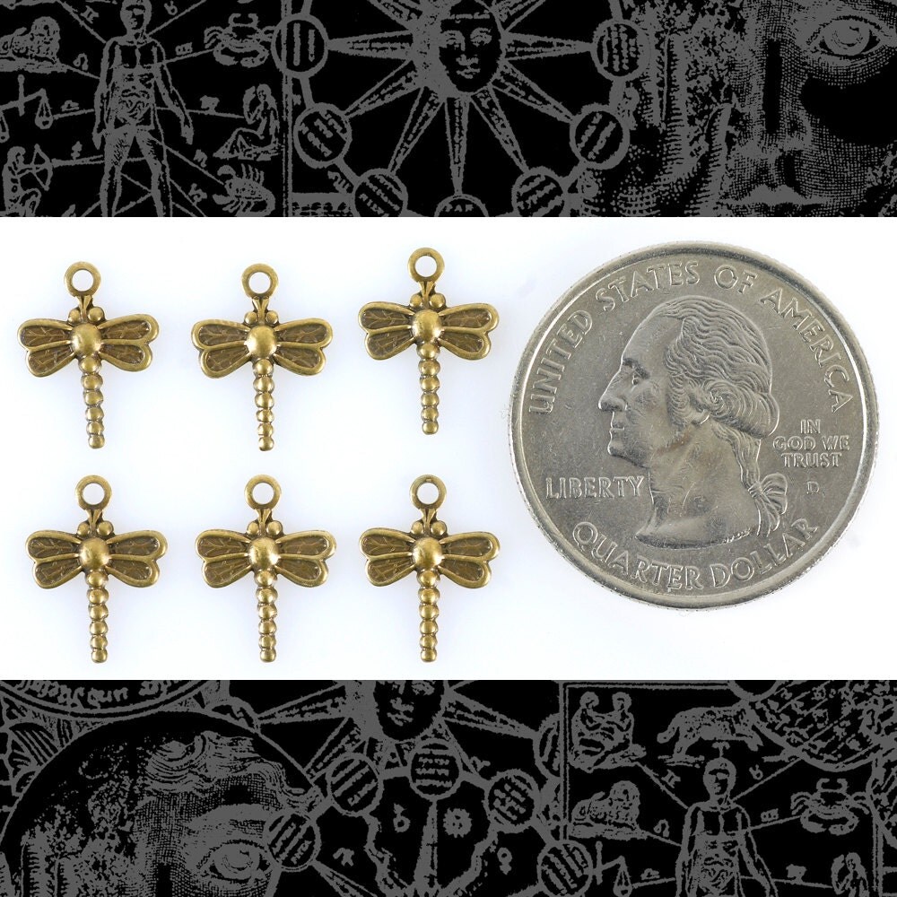 Antiqued Brass Mini Dragonfly Charms - Set of Six - AB-C110