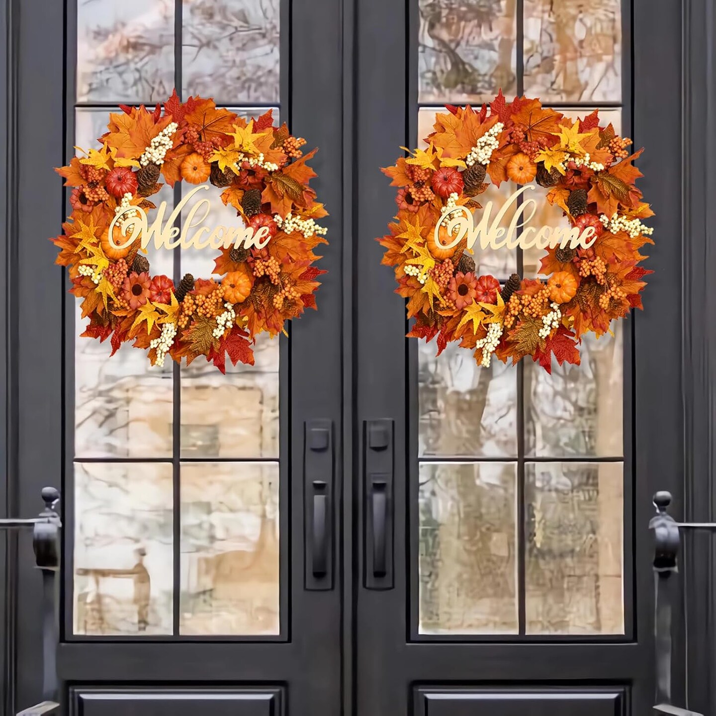 Fall Wreaths for Front Door, 20&#x27;&#x27; Autumn Fall Wreath with Lights and Welcome