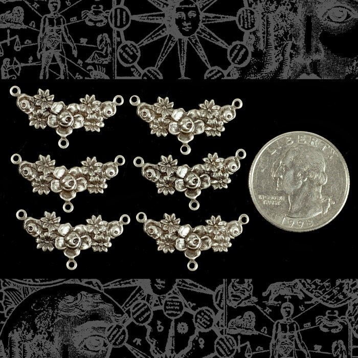 Antiqued Silver Plated Brass Floral Spray Three Ring Connectors - Set of Six - S-3C11