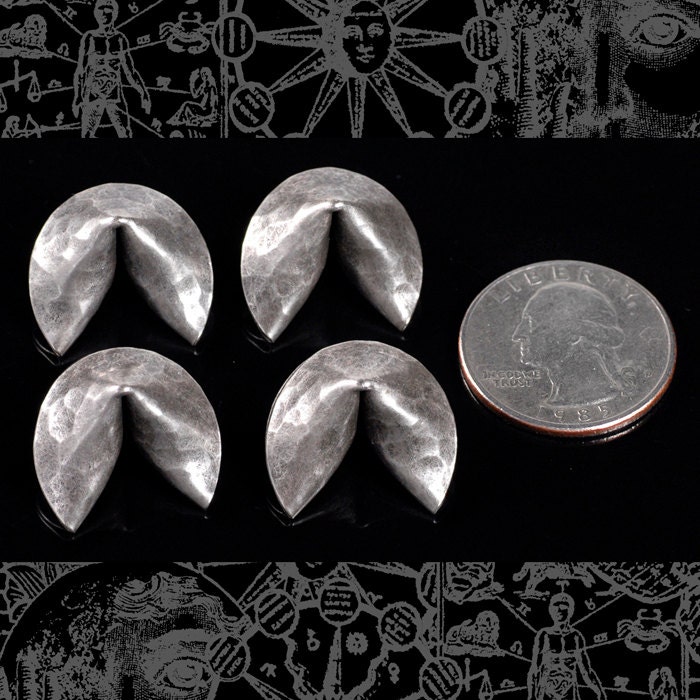 Antiqued Silver Plated Brass Fortune Cookie Pendants - Set of Four - S-P50