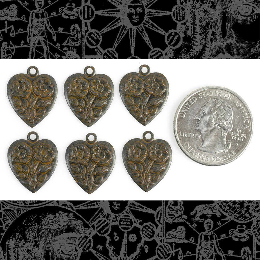 Chocolate Brown Plated Brass Floral Heart Charms - Set of Six - RB-C61