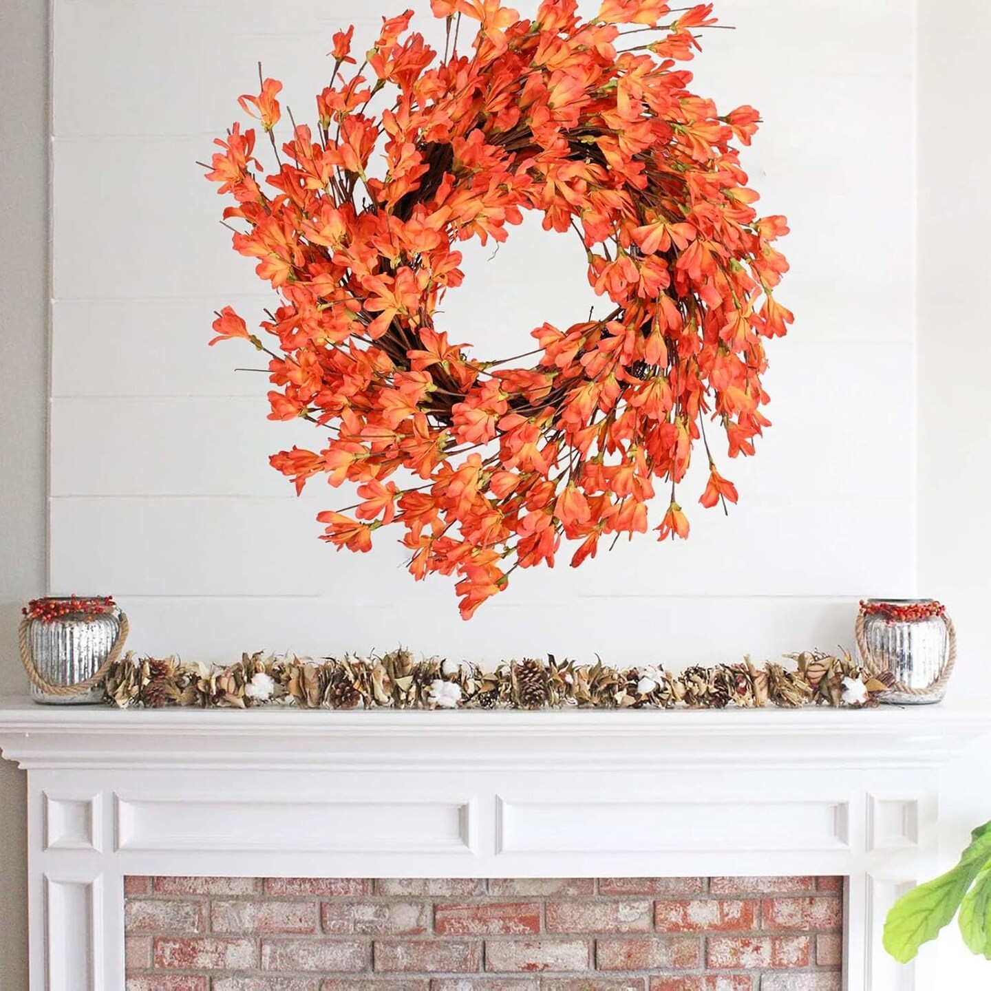 Orange Forsythia Wreath with Handmade Slik Flower Wreath on Grapevine for Wall, Window, Wedding,Thanksgiving Decor and Harvest Festival Celebration