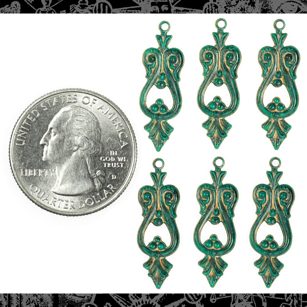 Verdigris Finished Brass Art Deco Loopy Charms - Set of Six - V-C89