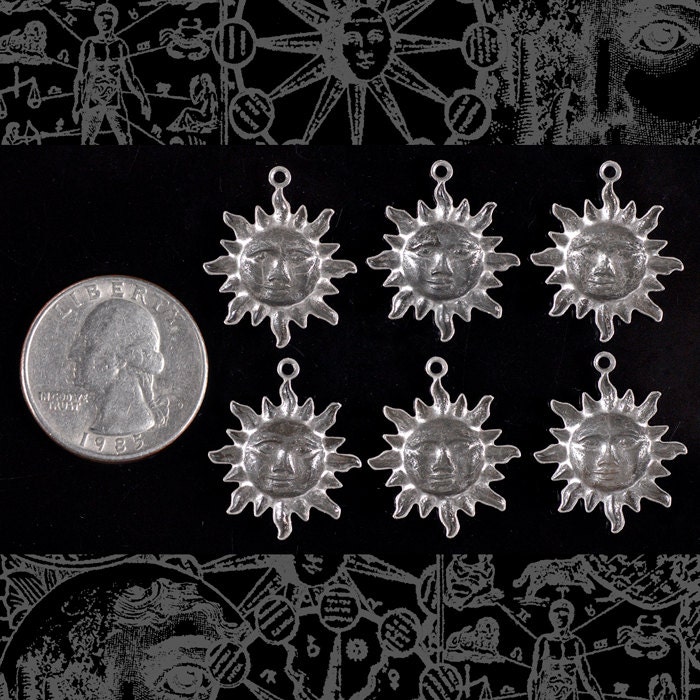 Antiqued Silver Plated Brass Sun Charms - Set of Six - S-C81
