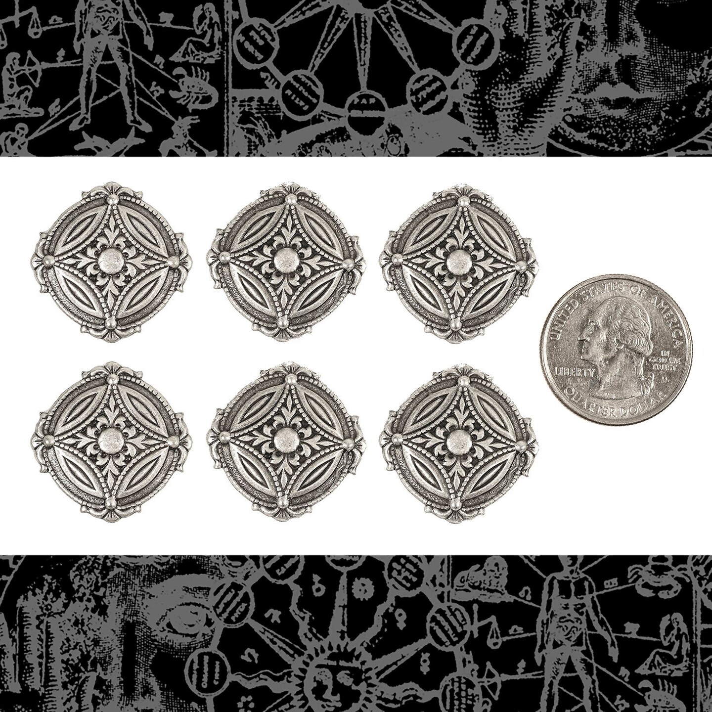 Antiqued Silver Plated Brass Shield Charms Accents - Set of Six - S-C210